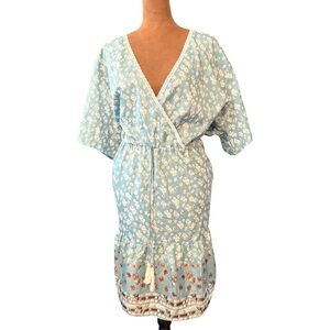 BloomChic Boho Floral Short Dress Size 20 Blue White Brown Lace Trim Tassels NEW